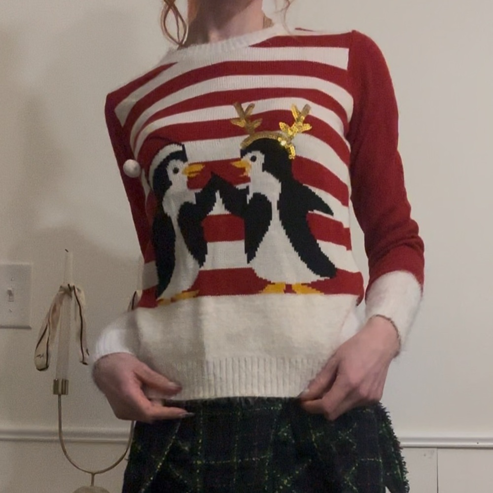 Playful Penguins Ugly Holiday Christmas Sweater Red and White - Picture 5 of 5